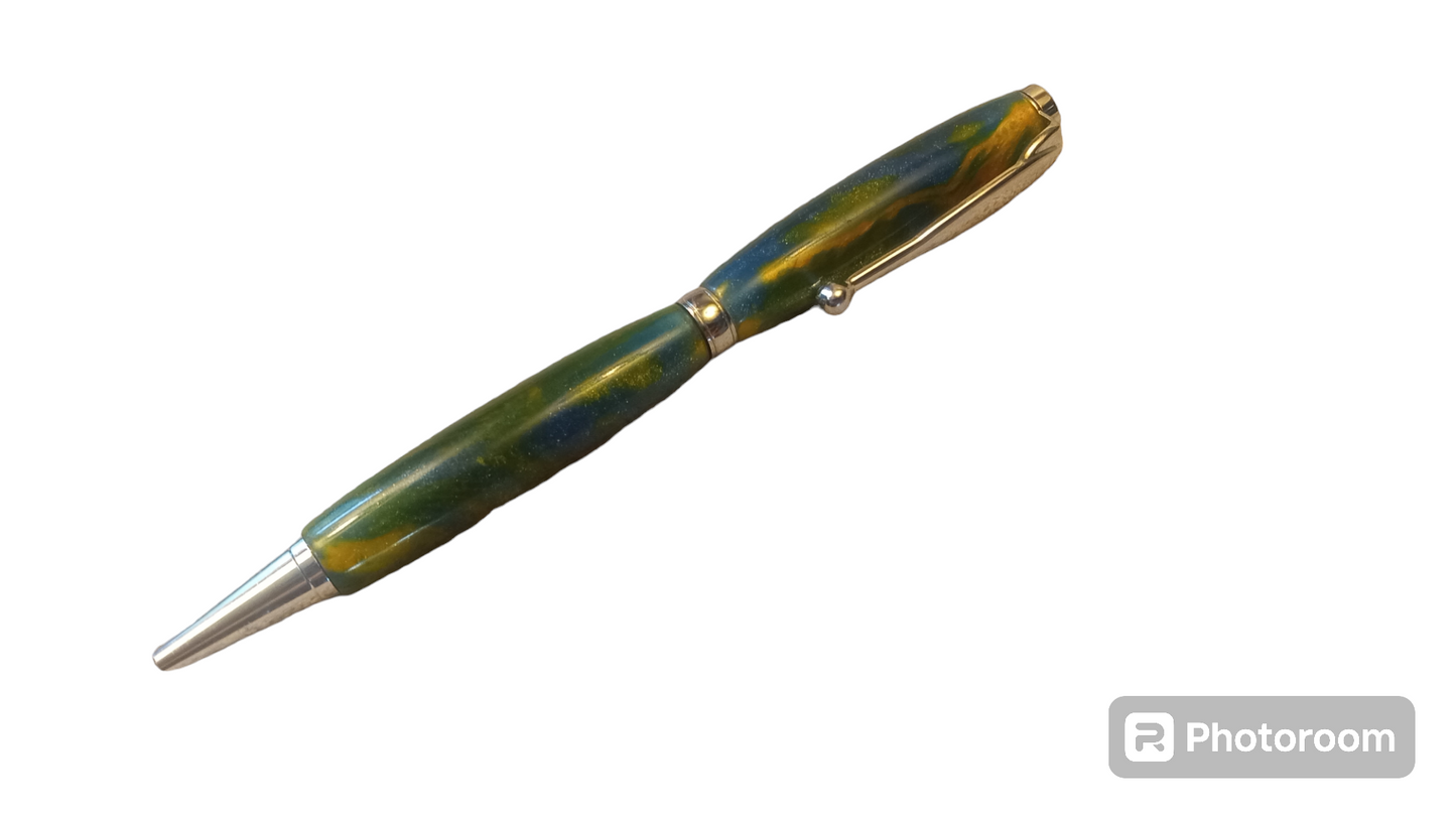 Acrylic Twist Action Refillable Ball Point Ink Pen Green With Gold High Lights