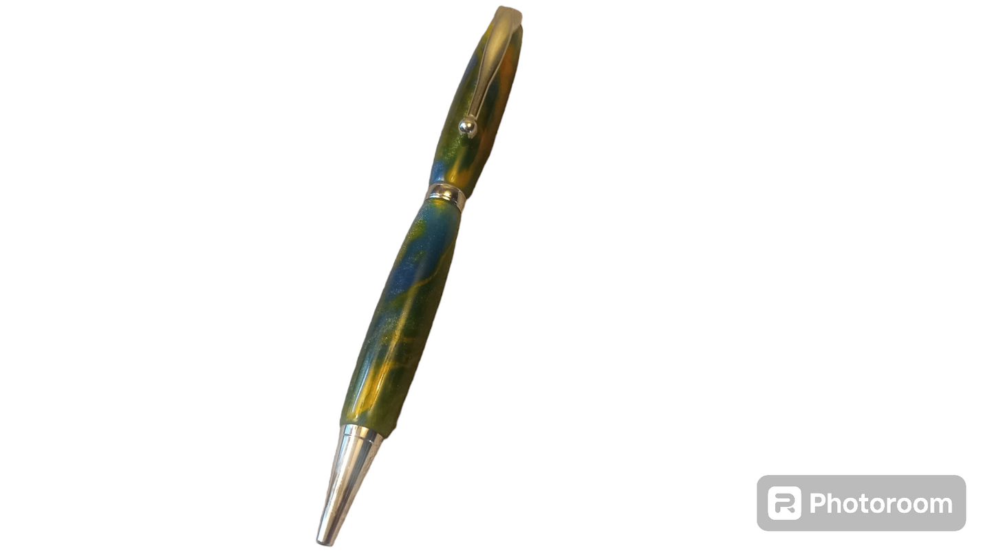 Acrylic Twist Action Refillable Ball Point Ink Pen Green With Gold High Lights