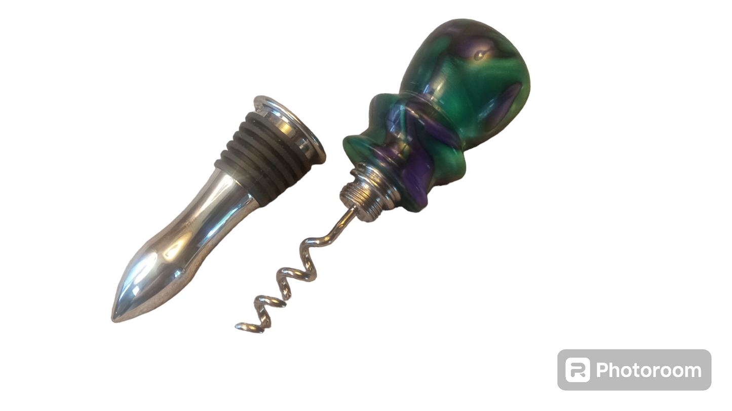 Acrylic Wine Bottle Stopper with Built in Corkscrew Green and Purple