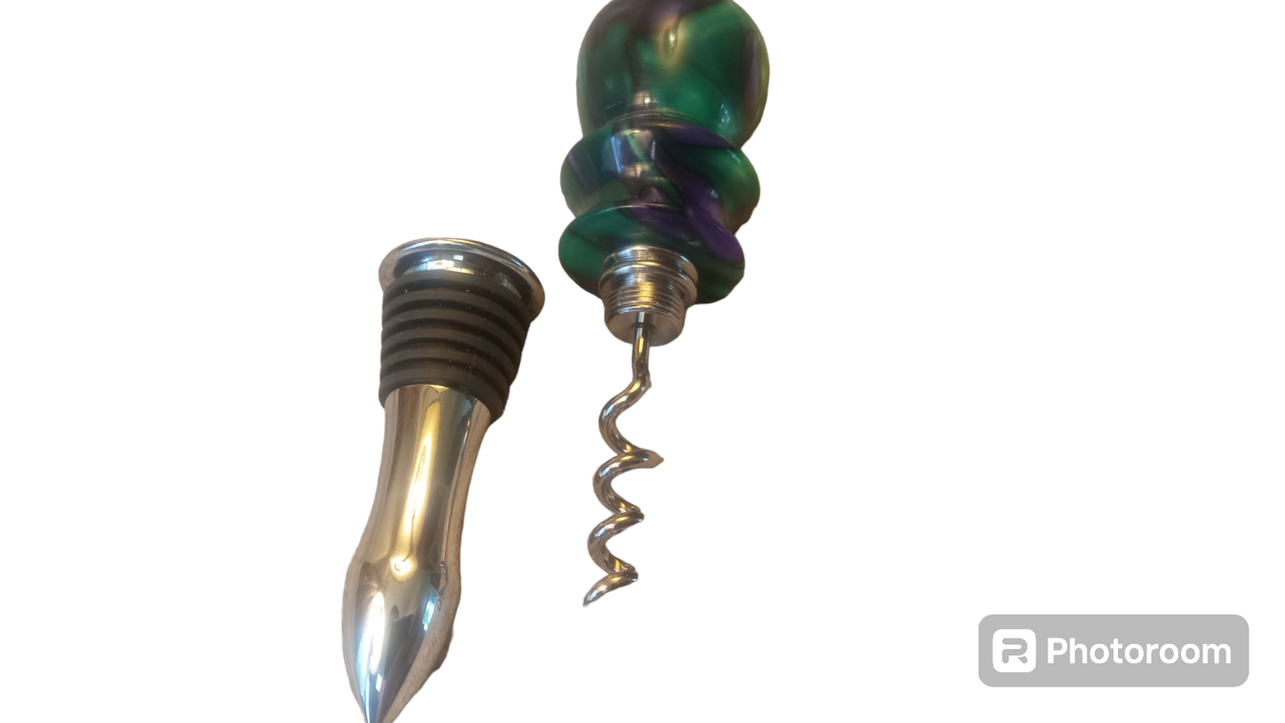 Acrylic Wine Bottle Stopper with Built in Corkscrew Green and Purple